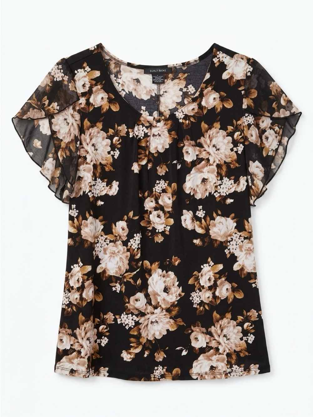 Floral Flutter Sleeve Blouse - Black and Cream